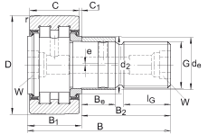 螺栓型滾輪 PWKRE47-2RS, 軸向引導(dǎo)，滿(mǎn)裝圓柱滾子，帶偏心擋圈，兩側(cè)唇密封