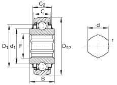 外球面球軸承 SK102-207-KRR-B-AH10, 球面外圈，內(nèi)圈帶六角形孔，兩側(cè) R 型密封